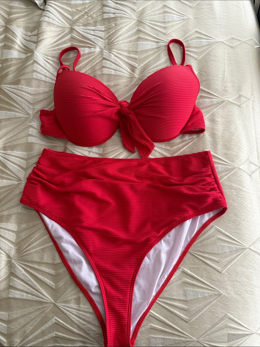SHEIN Red Ribbed High-Waist Bikini Set